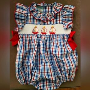 Plaid Baby Romper with Sailboat Embroidery